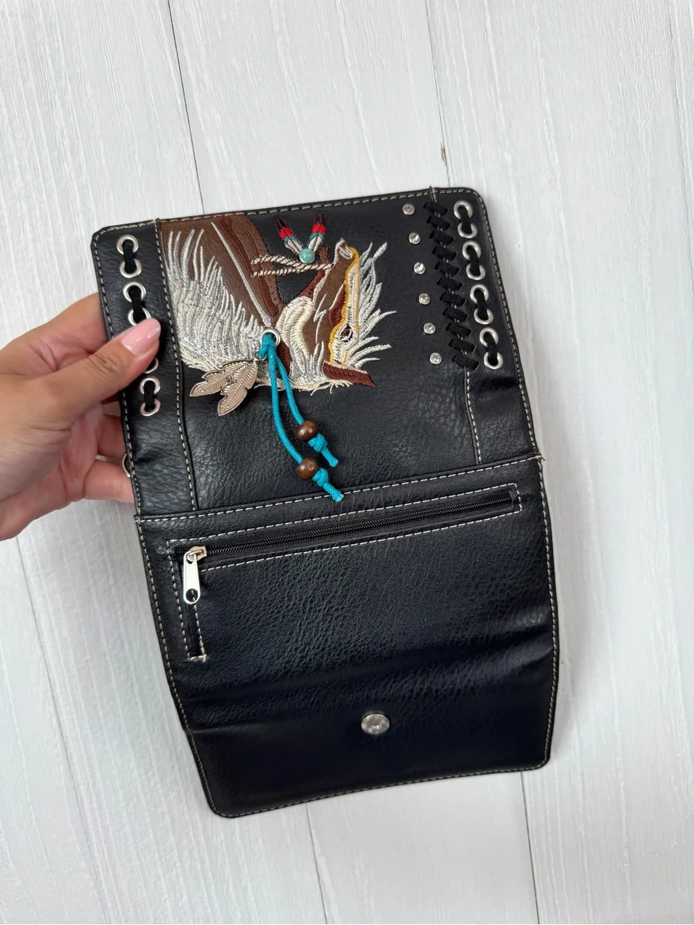 Black Embroidered Horse Satchel and Wallet Set